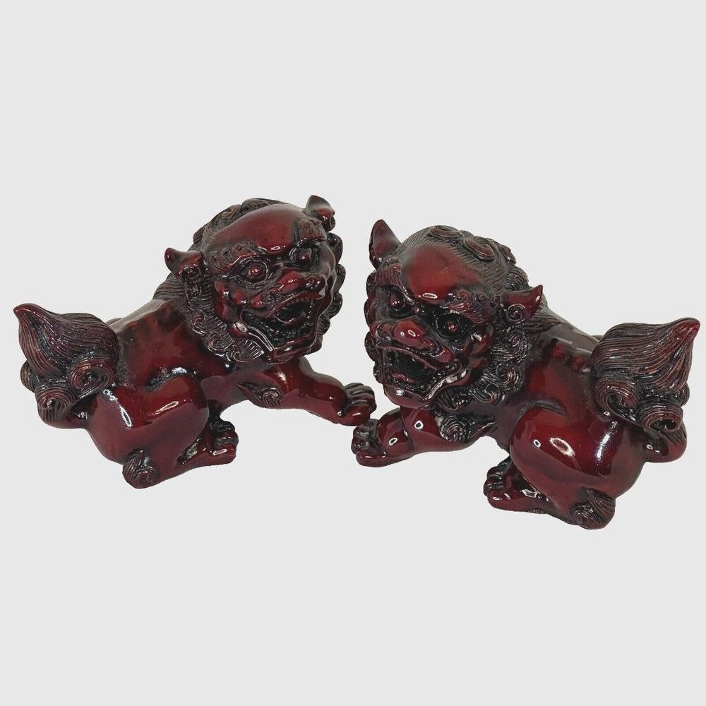 Vintage Foo Dog Pair Red Resin Asian Guardian Lion Figurines 4 in long each